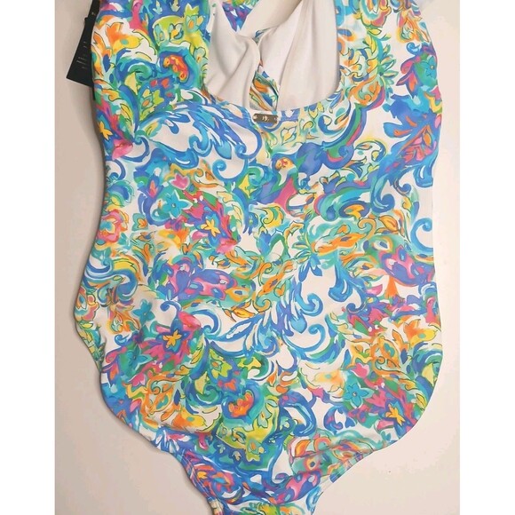 LAUREN Ralph Lauren Swimsuit Sz 14 Ruffle V-neck One Piece Multi Print $160 NWT - Picture 10 of 16